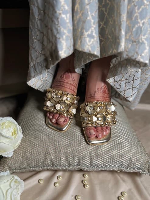 Mettalic Gold Embellished 3D Flower Block Heels | 2 Inches