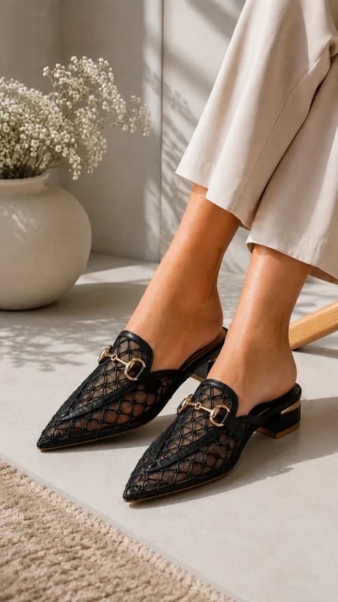 Midnight Mesh Luxe Pointed Mules | 1 Inch Heel